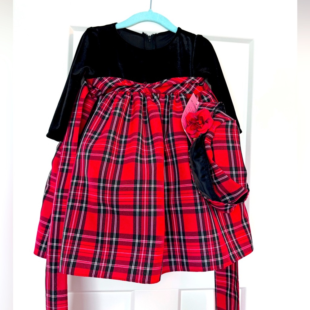 NWT BOUTIQUE 18M BLACK VELVET AND RED PLAID DRESS